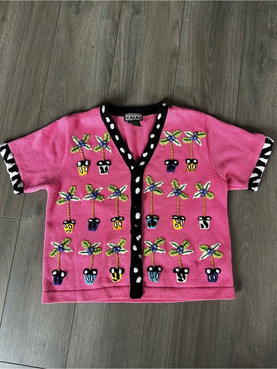 Sweaters - Vintage BEREK Pink Embroidered Potted Plant Cardigan M/L